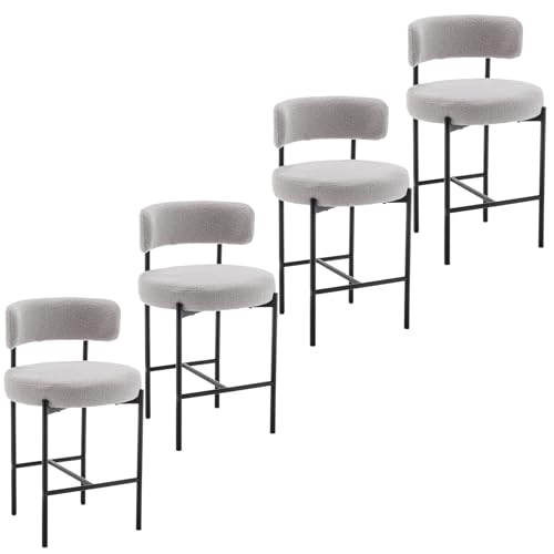 Image of Cinxzar Boucle Bar Stools Set of 4, Grey Counter Height Bar Stools with Backs, Modern Barstools for Kitchen Island, Pub, Club