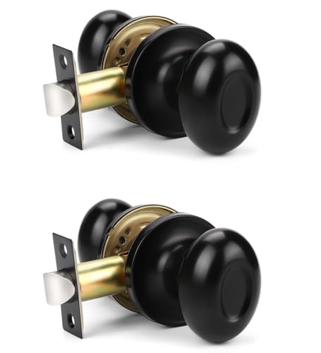 KNOBWELL 2 Pack Matte Black Passage Doorknob, Oval Style Closet Door Knob, Modern Door Knob with Concealed Screws, Interior Door Knobs