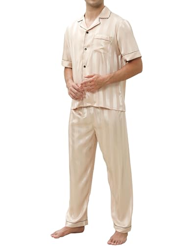 GAESHOW Mens Silk Pajama Set, Short Sleeve Silk Satin Pajamas for Men Soft Mens Loungewear Sets 2 Piece Button Down Pjs Set
