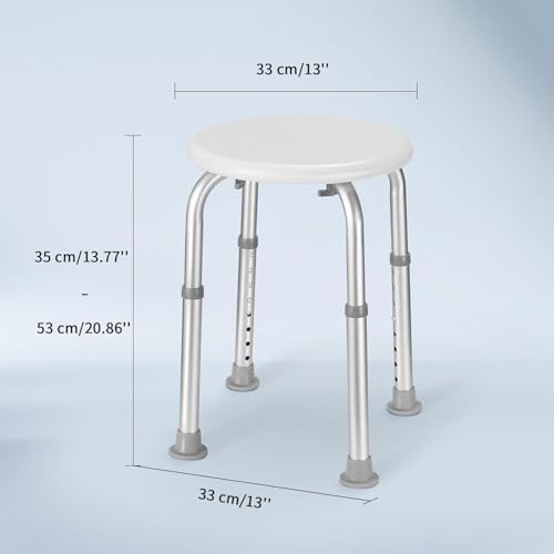 Duschhocker, Höhenverstellbar Badhocker 34-52 cm, Duschstuhl aus Aluminium mit Rutschfesten Gummispitzen für Senioren, Schwangere, Behinderte, Duschhilfe, Duschsitz (Weiß/Grau Badehocker)