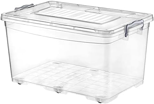Muddy Hands Clear Plastic Storage Box with Lid & Wheels Home Office Stackable Container (Single - 50 Litre)