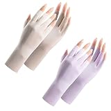 Feelorna 2 Paar Damen UV Sonnenschutz Handschuhe, sommer Touchscreen Fahrradhandschuhe atmungsaktive Fingerlose Handschuhe Eisseide Sonnenschutzhandschuhe für Angeln (beige, lila, Einheitsgröße)