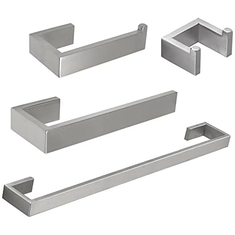BESy 4 Piece Bathroom Accessories Set (Towel Bar, Hand Towel Holder Towel Rack, Toilet Paper Holder, Double Towel Hooks), Wall Mounted Bath Hardware Fixtures Set, Stainless Steel/Brushed Nickel Cover
