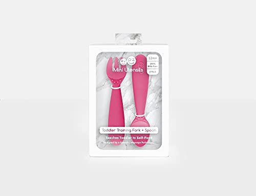 Image of ezpz Mini Utensils - 100% Food Grade Silicone + Nylon Self Feeding Spoon & Fork for Baby /Toddler Led Weaning + Purees - Designed by a Pediatric Feeding Specialist - Sensory Bumps - 12 Months+ (Pink)