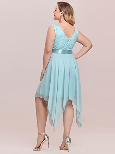 Image of Ever-Pretty Plus Women's V Neck Sleeveless Asymmetric Hem Lace Chiffon Short Summer Plus Size Wedding Guest Dresses Sky Blue US24
