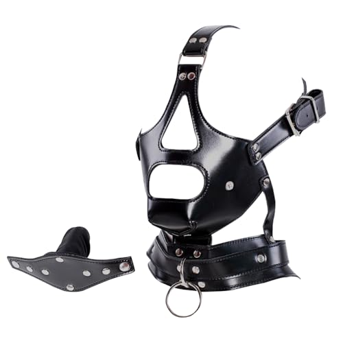 GKLWEJ BDSM Maske, Leder Kopfmaske mit Mundknebel, Verstellbare Bondage Maske mit Abnehmbarem Penisknebel, Mouth Gag, Cosplay Sex Spielzeug für die Männer Paare Extrem