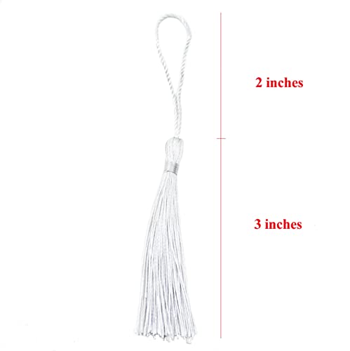 Image of 100pcs 13cm /5 Inch Silky Floss Bookmark Tassels with 2-Inch Cord Loop and Small Chinese Knot for Jewelry Making, Souvenir, Bookmarks, DIY Craft Accessory (Silver)