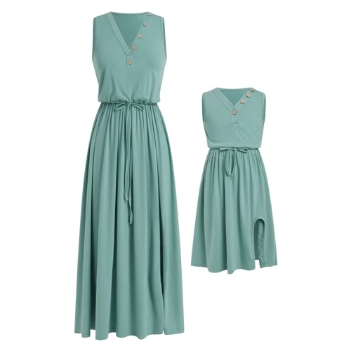 AWIBMK Mommy and Me Matching Dresses V Neck Split Tie Front Ruffle Dress Adjustable Drawstring Mom Daughter Outfits2