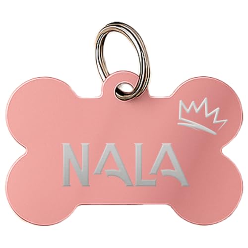 DEREGALOOS Chapa Identificativa Mascotas Personalizada Grabada 2 Caras. Forma de Hueso. Placa para Perros Gatos. Aluminio Ligero. Ideal para Collar o Arnés. No Incluye Anilla (Rosa, S)
