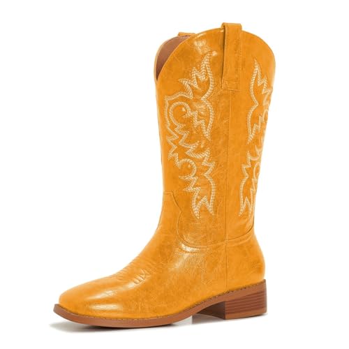 Image of Cowgirl Boots Square Toe Cowboy Boots For Women Ladies Mid Calf Low Heel Flat