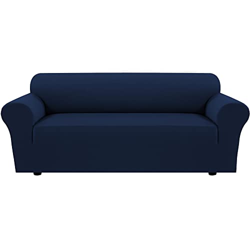 H.VERSAILTEX Funda de sofá elástica de 1 pieza para sofá de 3 cojines, funda de elastano antideslizante, suave, protector de muebles con parte inferior elástica, lavable a máquina (sofá, azul marino) Cover