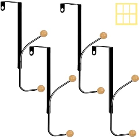 Peasulin 2 Pack Over The Door Hanger, Heavy-Duty Steel Double Hooks with Wooden Accents, No Assembly - 9.72IN for Towels, Coats, Fits Doors Up to 1-3/4 Inch Thick (Black, 4 Pack) Cover