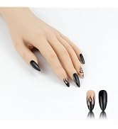 almond press on nails Long,black acrylic nails,black Flame Pattern Almond Pressed Nails,Artificia...