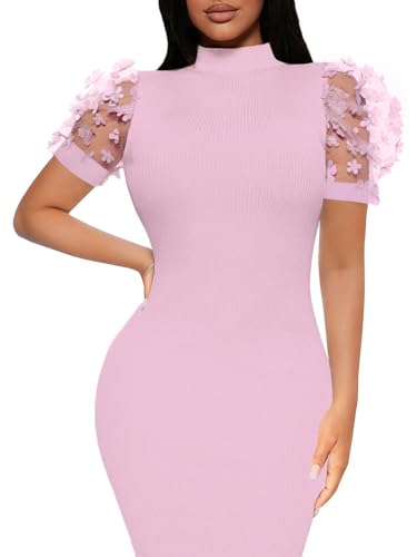 Image of Annystore Women's Mesh See Through Sheer Dress Short Puff Sleeve Bodycon Dress Mock Neck Sexy Club Party Midi Dress Clubwear