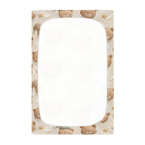 Image of Cartoon Bear Head Pattern Crib Sheets Stretchy Portable Sheets for Baby Toddler Breathable Soft Crib Mattress Sheet for Girls Boys