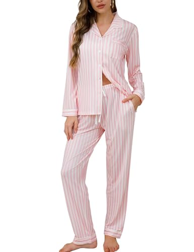 Image of SWOMOG Womens Pajamas Set Long Sleeve Sleepwear Button Down Nightwear Soft Cotton Pj Lounge Sets