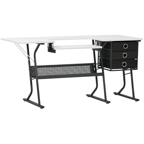 Sew Ready Eclipse Ultra Sewing Table, 60.25" Crafting & Quilting Workstation with Adjustable Machine Shelf, Storage Drawers & Metal Frame, Black/White