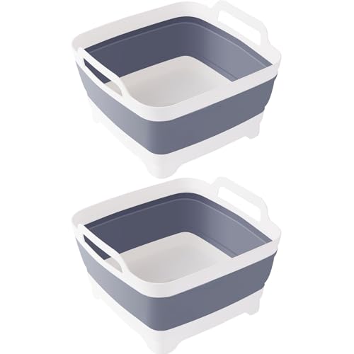 Image of Collapsible Dish Tub 2X9L-Collapsible Basin Bucket Portable Sink-Outdoor Multiuse Foldable Sink Tub Wash Dish Basin for Kitchen Basin RV Camping (Grey+Grey)