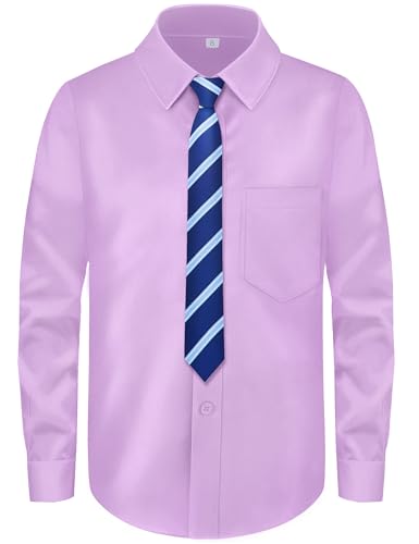 Image of Boys Long Sleeve Button-Down Dress Shirts with Tie: 2 Fabrics (Stretch /Standard) & 2 Fits (Regular /Husky)