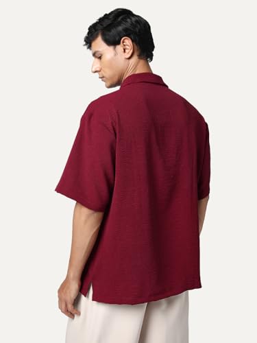 Image of Urbano Fashion Men's Cotton Half Sleeve Relaxed Fit Textured Shirt with Cuban Collar