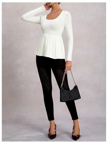 Image of Women's Scoop Neck Peplum Sweater Long Sleeve Cable Knit Dressy Casual Pullover Tops