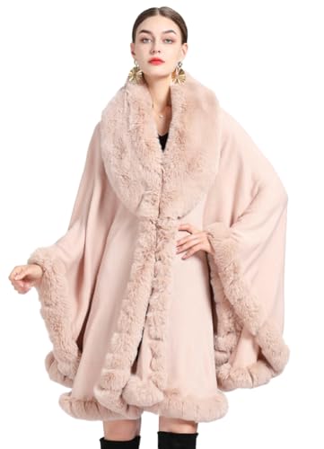 Image of Women Poncho Cape Faux Fur Collar Knitted Cardigan Sweater Batwing Long Sleeve Shawl Wrap Coat Oversized Cloak