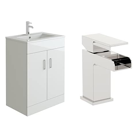 VeeBath Sphinx 600mm Minimalist High Gloss White Vanity Sink Unit with Waterfall Designer Chrome Basin Mixer Tap + Waste Cover