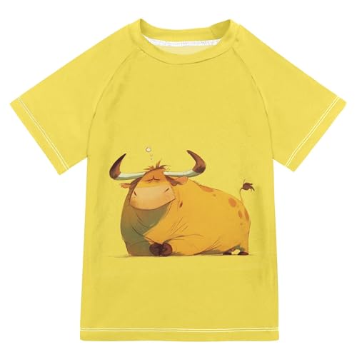 Cartoon Yellow Ox Girls Bathing Suit Sun Protection Football Sports Shirt Swimwear Beach Tops 3T