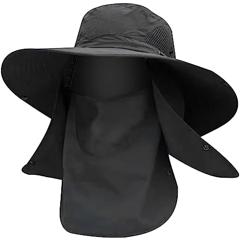 Kicpot Fishing Hat for Men UPF 50+ 360° Sun Hat for Women, with Removable Mesh Face Neck Flap Cover with Neck Flap for Mens Womens Windproof Strap(Black) Cover