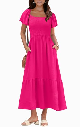 Image of OFEEFAN Summer Dresses for Women Square Neck Ruffle Sleeve Smocked Maxi Dress with Pockets