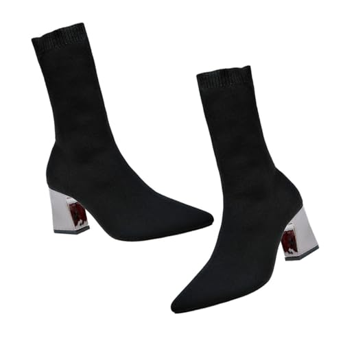 CATIEBYE Botines Calcetín de Punto para Mujer con Tacón Grueso Botas Cortas de Otoño Invierno Elegantes y Cómodas para Trabajo Fiesta y Uso Diario