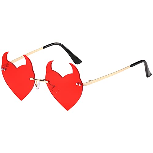 BOJOD Goth Horns Heart Sunglasses for Women Rimless 90s Punk Heart Glasses Trendy colored Sunglasses for Party Festival