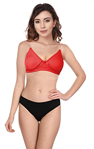 Image of Wirefree Non-Padded T-Shirt Bra Panty Set with Detachable Transparent Straps for Women /Girls.