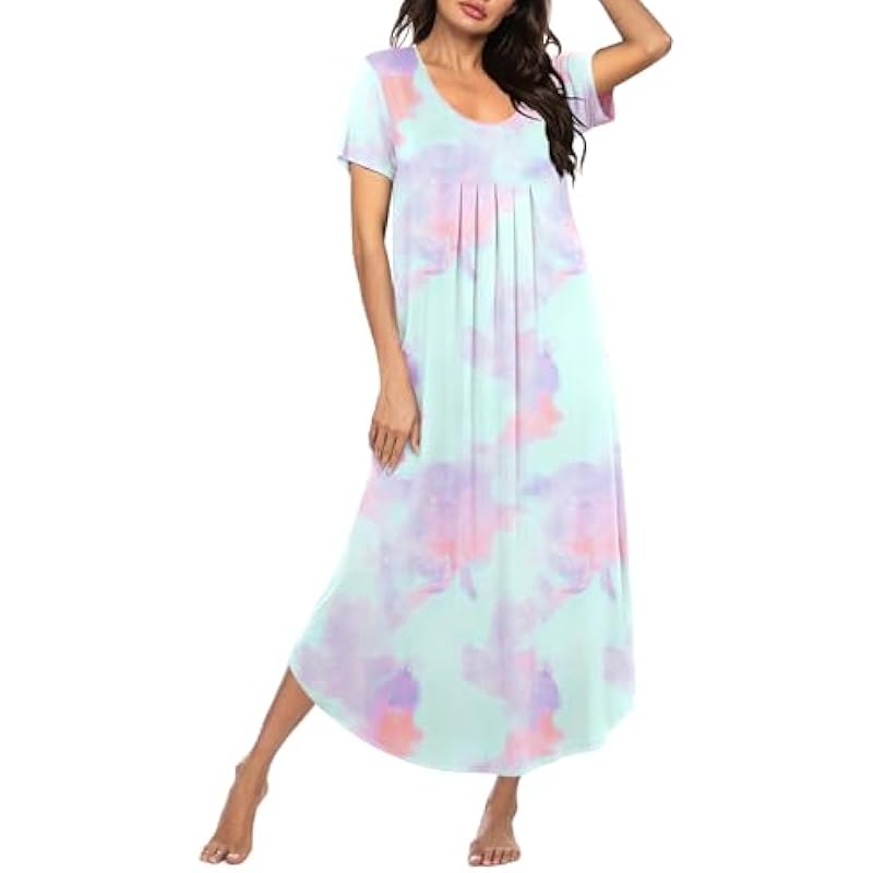 Ekouaer Long Nightgowns for Women House Dress Plus Size Sleepwear Pleated Full Length Loungwear S-4XL