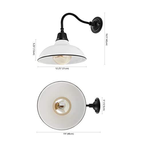 Image of JONATHAN Y 12.25 inch White /Black Farmhouse Industrial Outdoor Sconce, LED Gooseneck Wall Light for Porch, Metal Bowl Shade, Dimmable Vintage Exterior Fixture, LED Bulb Included JYL7613A