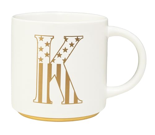 COLLECTIVE HOME - Monogram Ceramic Mug, 15oz Patriotic Letter Tea Cup, Elegant Independence Day Design, Personalized Mug for 4th of July, Ideal Gift for Him, Brother, or Father, White (K)