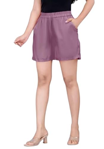 Image of Women's Cotton Regular Relaxed Fit Solid Print Design Thigh Length Casual Summer Running Yoga Gym Night Wear Shorts Elastic Waistband and Drawstring with Pocket
