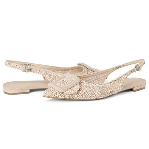 Image of USIMAD Woven Pattern Slingback Mesh Flats for Women Pointed Toe Square Buckle Comfortable Office Dress Shoes