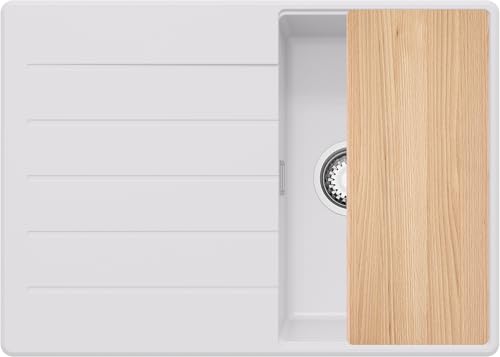 PRIMAGRAN Spülbecken Weiß 70x50cm, Granitspüle 1 Becken + Ablauf-Set + Schneidebrett, Küchenspüle ab 40er Unterschrank - Kopenhagen S351