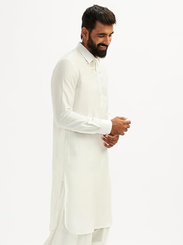Image of VASTRAMAY Men Solid Cotton Pathani Kurta with Shirt Collar and Full Sleeves White | Festive Ethnic Outfit