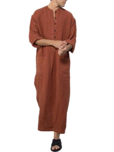 Holiberty Men Kaftan Thobe Long Sleeve Cotton Muslim Robe Gown Saudi Arab Islamic Muslim Dress Beach Shirt Bathrobe Sleepwear