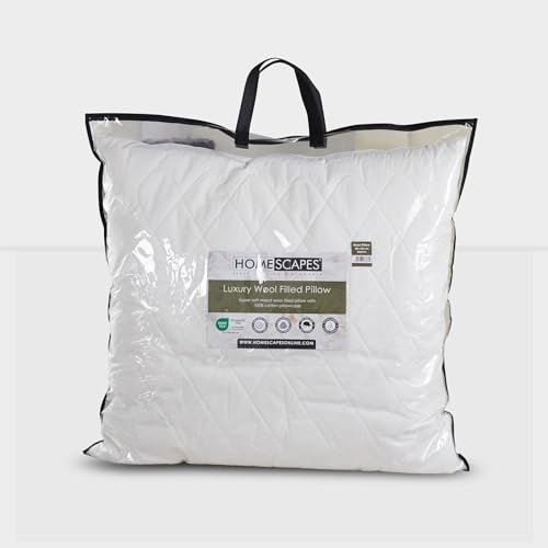 Homescapes Almohada de 80 x 80 cm con relleno de lana de oveja y poliéster, cojín de lana de tacto medio suave con funda de algodón acolchada