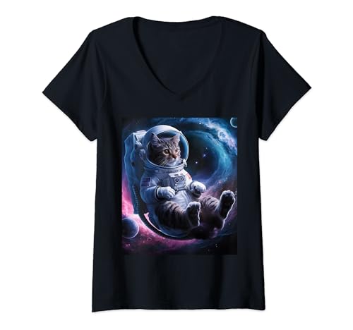 Donna Regali cosmici Catronaut Cat Astronauta nel profondo dello spazio Maglietta con Collo a V