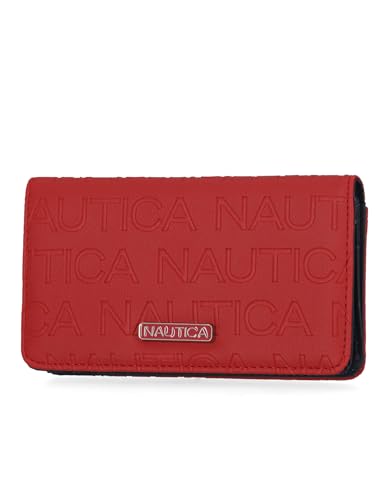 Image of Nautica Seaside Slim Womens Wallet RFID Blocking Credit Card Holder, Coin Purse, Checkbook Organizer Clutch, Small Vegan Leather Wallet for Travel, Red (Embossed Logo)