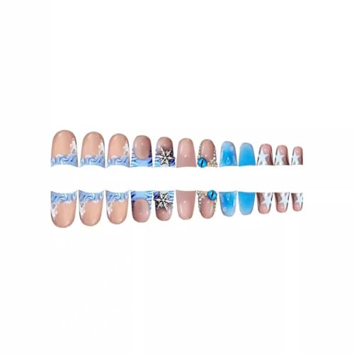 Image of Blue Duck Nail Press ons Star Fake Nails Water Drop with Design Spindrift Glue on Nails French Tip Press on Nails Glossy Artificial Acrylic Nail Eye Rhinestone Stick on Nail for Women Manicure 24Pcs