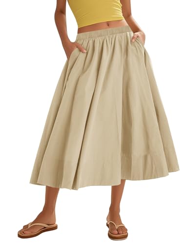 Flygo Womens A-Line Midi Skirt Flowy Pleated High Elastic Waist Casual Swing Cotton Long Skirt with Pocket(Khaki-XL)
