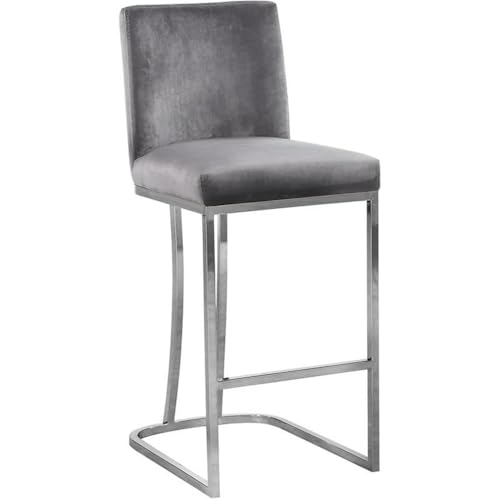 Meridian Furniture Heidi Collection Modern | Contemporary Velvet Upholstered Counter Stool with Polished Chrome Metal Legs, 16" W x 19.5" D x 36.5" H, Grey