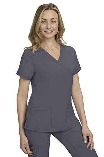 Stat Medical Wear Women Scrub Top With Mock Wrap Neck Line And 5 Pocket Drawstring Scrub Pant - 110200, L, Pewter #TOP1