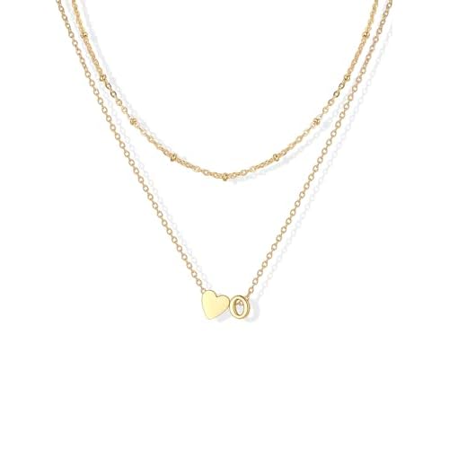 U7 Layered Heart Initial Necklace for Women,Tiny Silver/14K Gold Plated Heart Initial A-Z Letter Pendant Necklaces,Adjustable 16"- 18" Valentines Birt