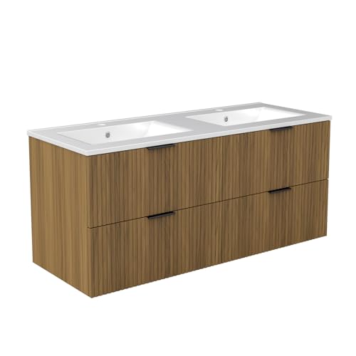 AICA Ensemble Meuble Salle de Bain 120cm avec Double Vasque céramique - 4 tiroirs Meuble Effet Noyer